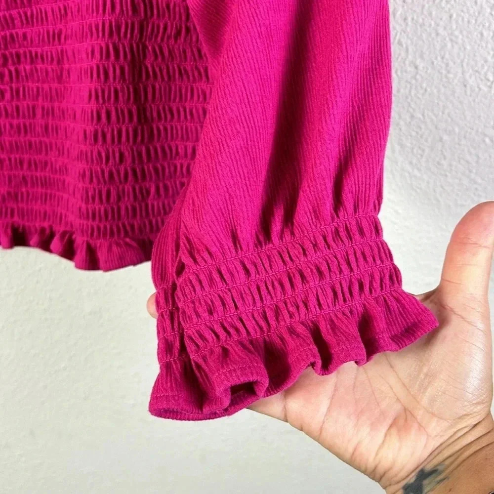 Free People Brenyce smocked  Boho top blouse ruffled sleeves jungle flower SZ M - Picture 7 of 14